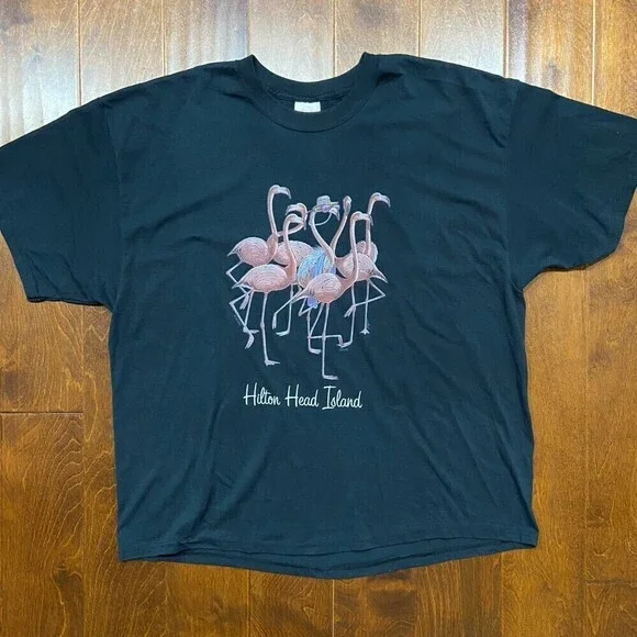 Hanes Vintage 2001 Hilton Head Flamingo T-Shirt Black Pink Men's Size XXL - Picture 4 of 9